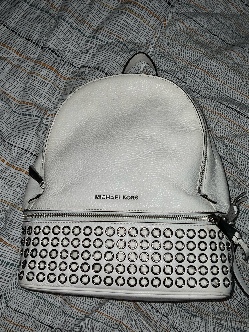 Michael Kors White Leather Studded Mini Backpack with Silver Accents